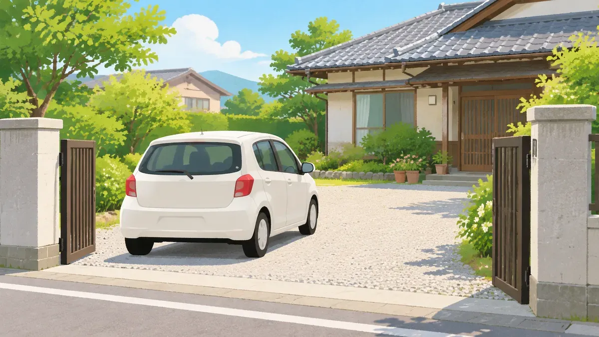 古い家の前庭の砂利の駐車場へ道路から車が入る絵