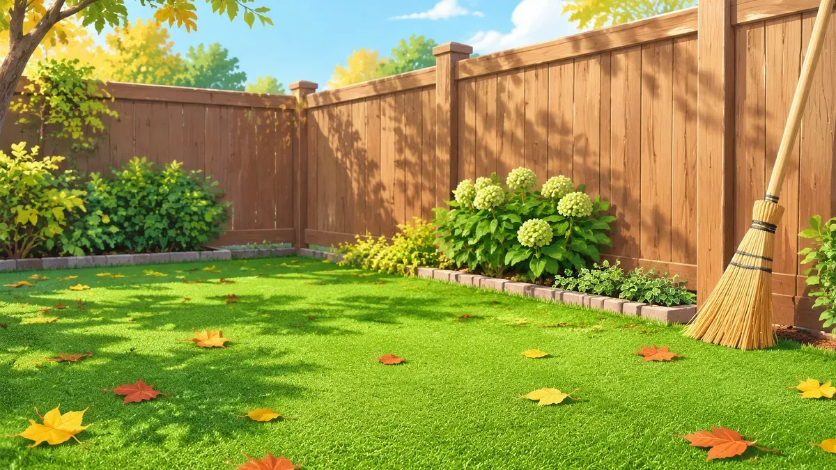人工芝の上に落ち葉が少しあり塀に竹ぼうきが立てかけてある絵