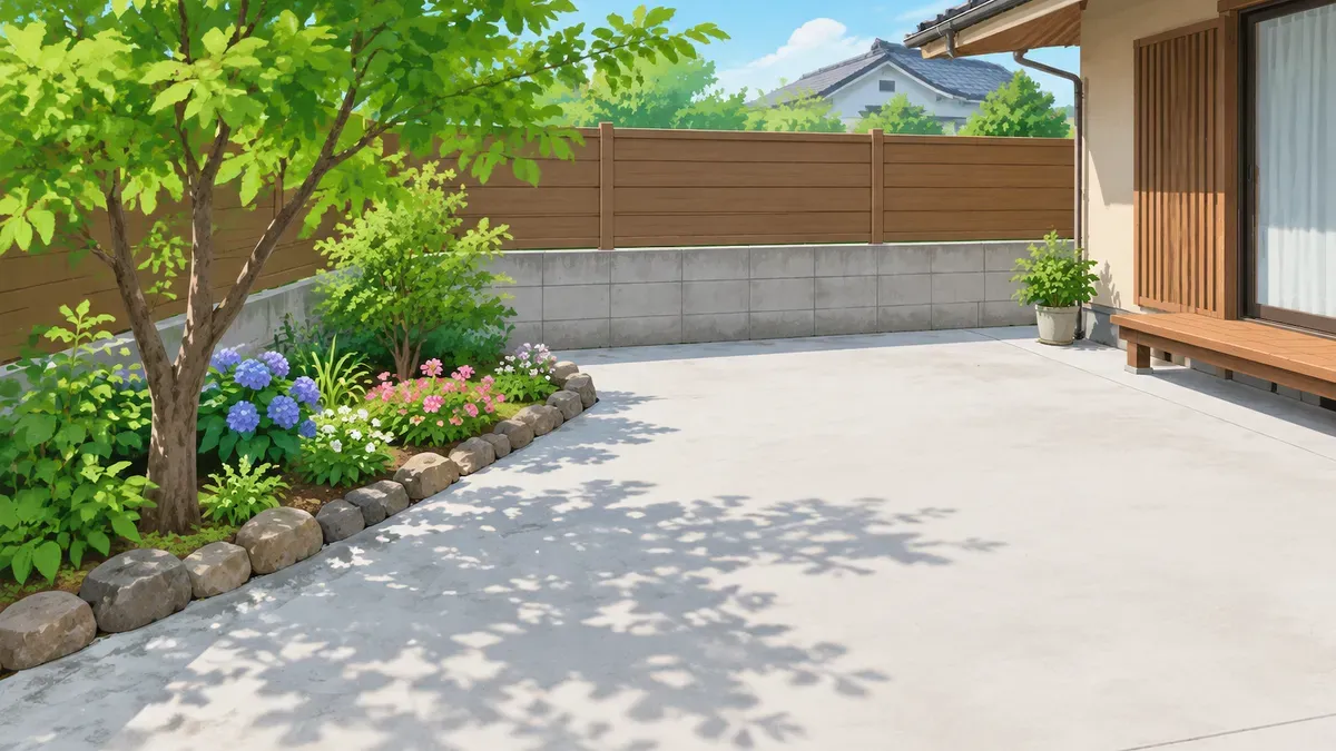隅に木と花壇を残しほかをコンクリートにした庭を上から見た絵