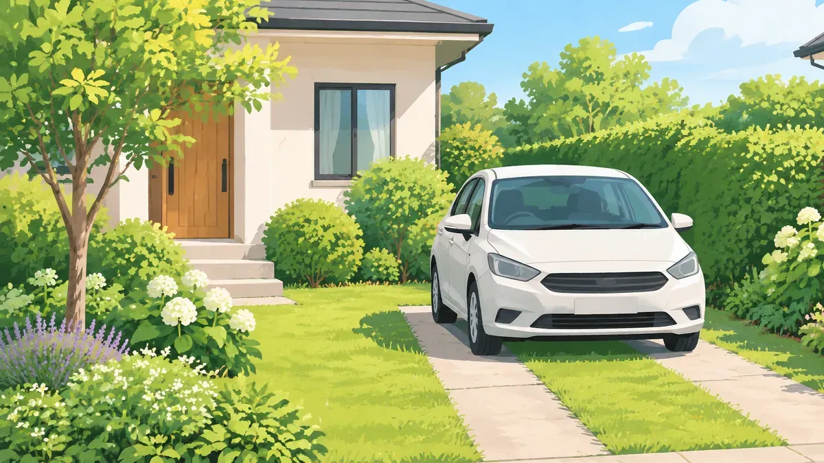 2本の細いコンクリートに車を停め残りに低木と木がある庭の絵