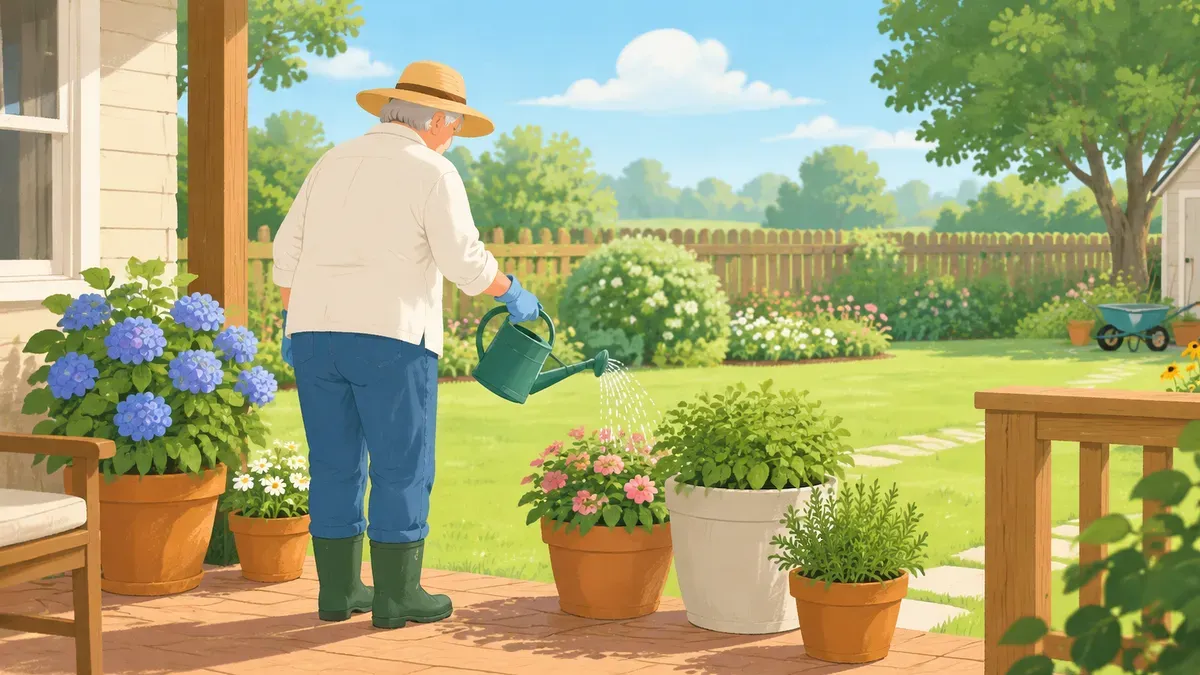 縁側のそばの鉢植えにじょうろで水をやる年配の人の後ろ姿の絵
