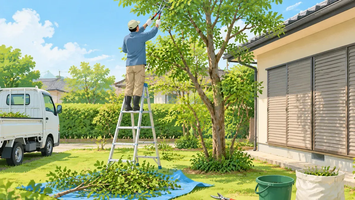 雨戸を閉めた家の庭で脚立に乗って木を切る作業着の人の後ろ姿の絵