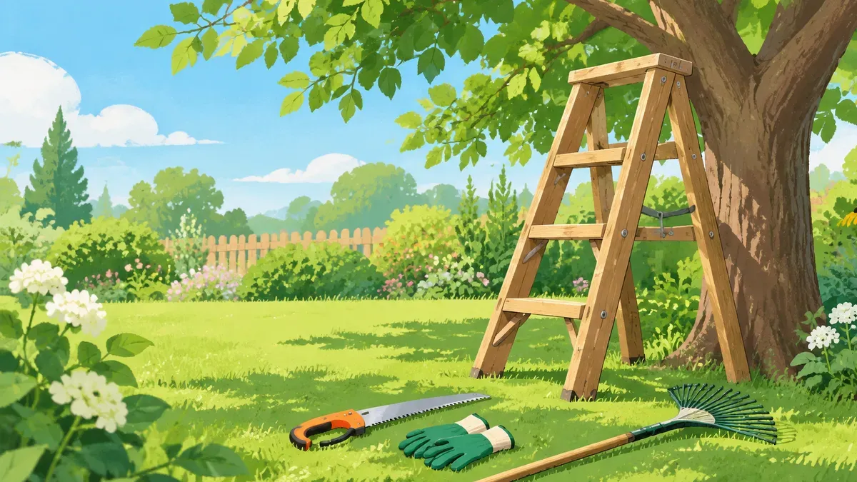 高い庭木の横に脚立が立ち足もとにのこぎりと手袋と熊手がある絵