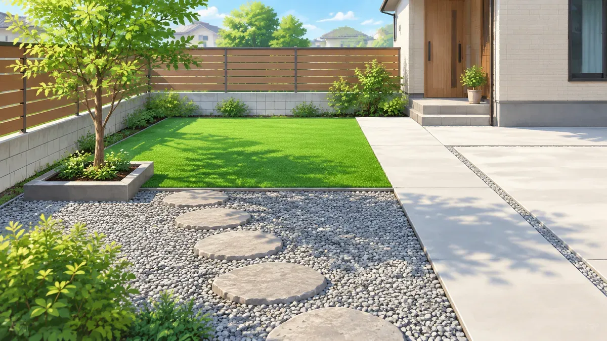 砂利とコンクリートと人工芝で分けて整えた、手入れの少ない庭