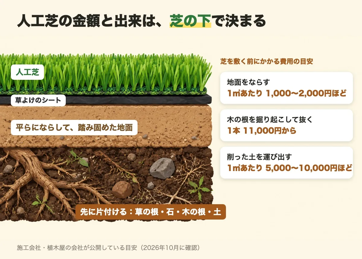 人工芝の下の断面図。上から人工芝、草よけのシート、平らにならして踏み固めた地面、先に片付ける草の根や石。芝を敷く前の費用の目安つき