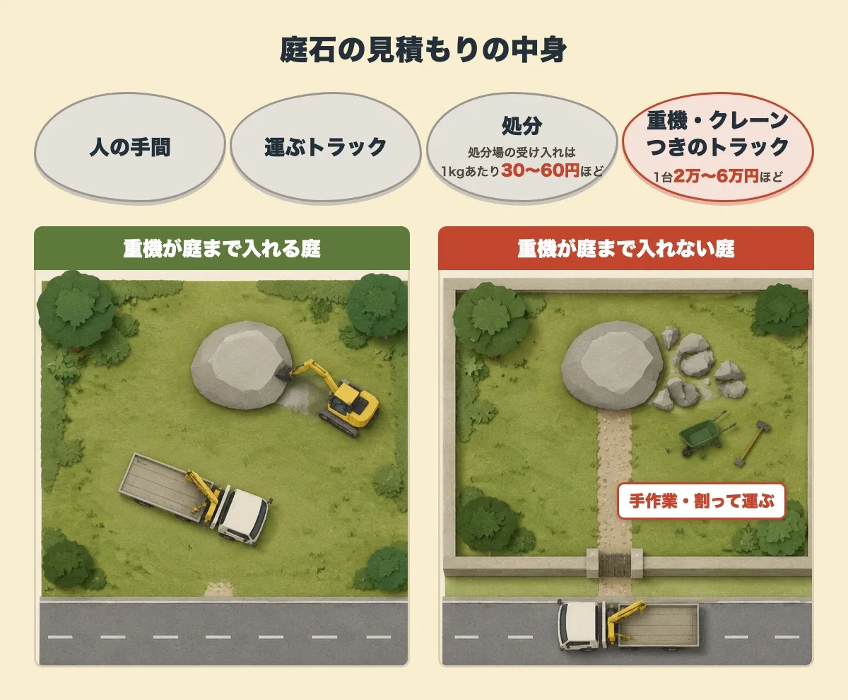 庭石の見積もりの中身を、人の手間、運ぶトラック、処分（処分場の受け入れは1kgあたり30〜60円ほど）、重機・クレーンつきのトラック（1台2万〜6万円ほど）の4つの札で並べ、その下に、重機が庭まで入れる庭と、狭い門で重機が入れず手作業や割って運ぶ庭を、上から見た2つの絵で比べた図