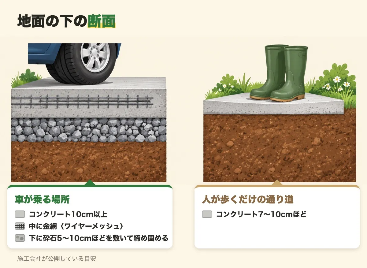 地面の下の断面を2つ並べた図。車が乗る場所はコンクリート10cm以上で中に金網、下に砕石5〜10cmほどを敷いて締め固める。人が歩くだけの通り道はコンクリート7〜10cmほど