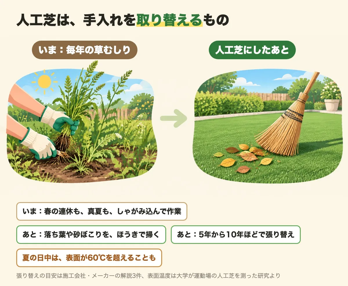 人工芝にすると、毎年の草むしりが、ほうきでの掃除と5年から10年ごとの張り替えに変わることを示した図