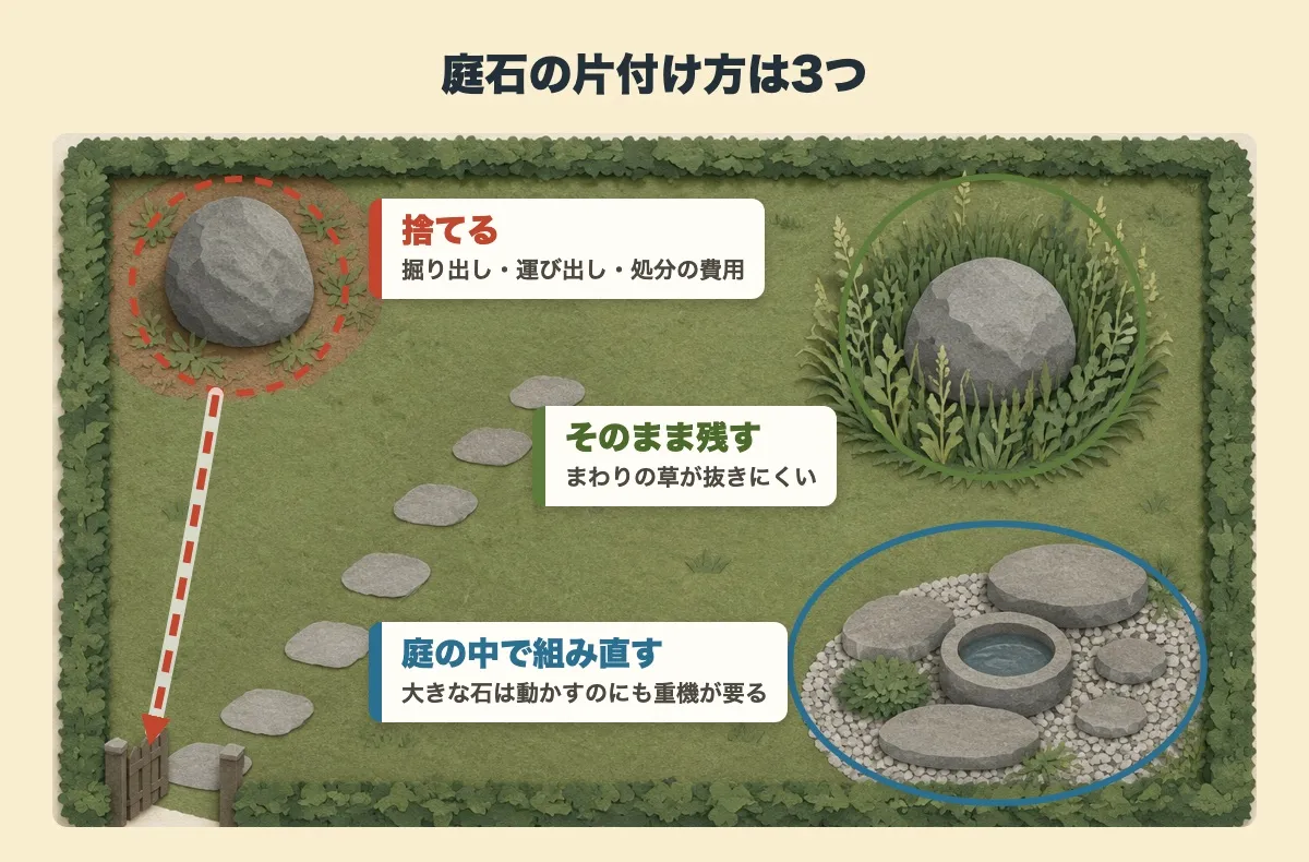 上から見た1つの庭にある3つの石で、庭石の片付け方を3つに分けた図。捨てるなら掘り出し・運び出し・処分の費用がかかり、そのまま残すとまわりの草が抜きにくく、庭の中で組み直すにも大きな石は動かすのに重機が要る