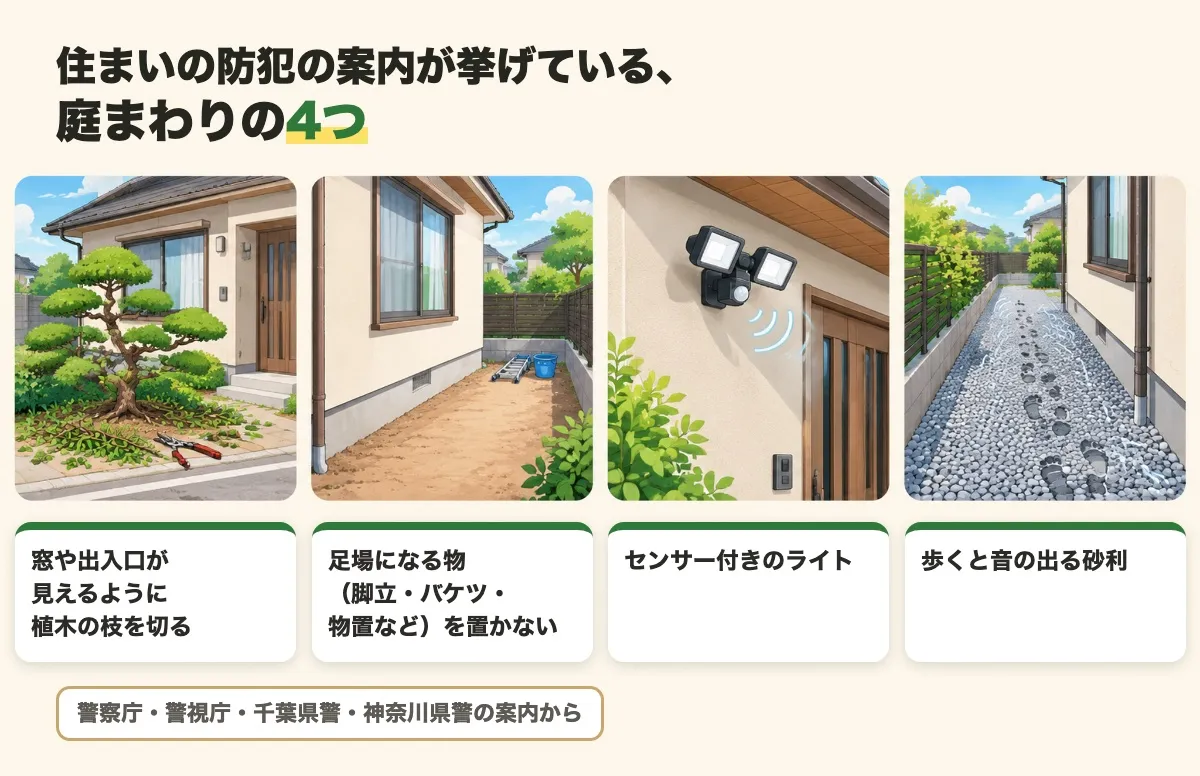 住まいの防犯の案内が挙げている庭まわりの4つ（窓や出入口が見えるように枝を切る、足場になる物を置かない、センサー付きのライト、歩くと音の出る砂利）を絵で並べた図