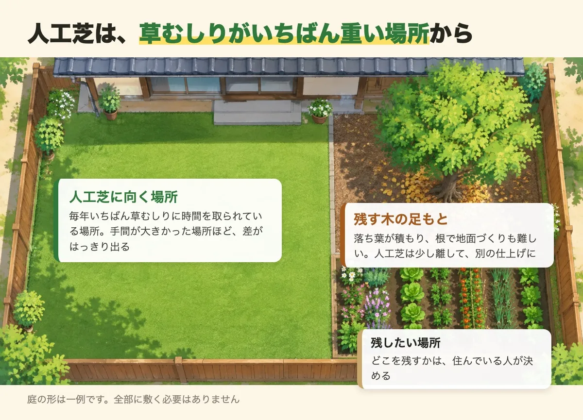 庭の配置の例。草むしりがいちばん重い場所に人工芝、残す木の足もとは別の仕上げ