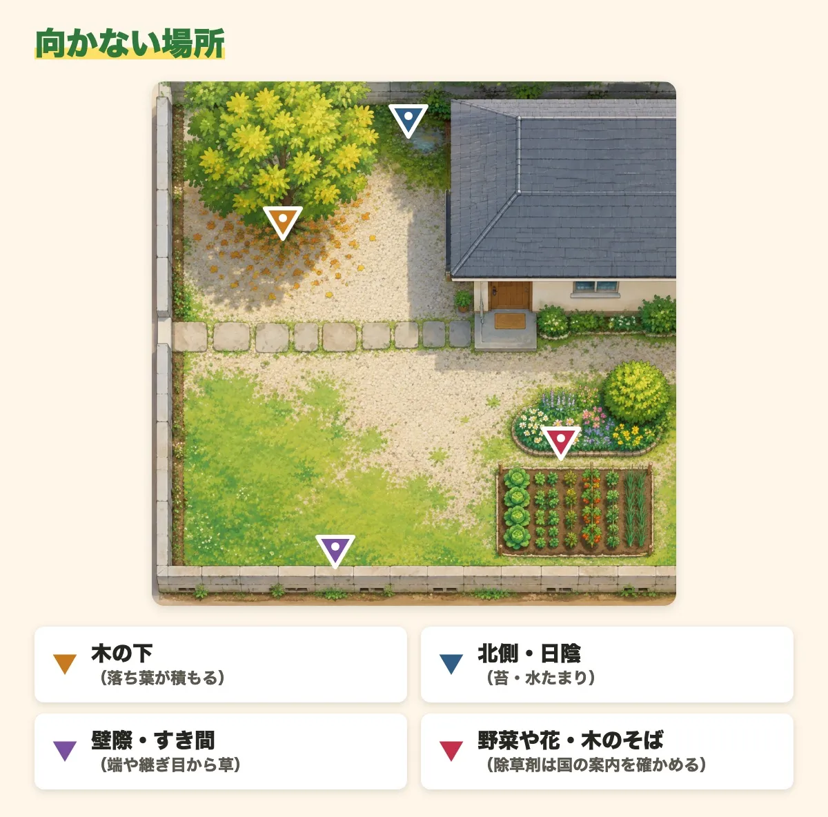 右上に家があり、左から飛び石の通り道が入る庭を上から見た絵に、雑草対策が向かない場所を三角の印で4つ示した図。落ち葉が積もる木の下、苔や水たまりの出る北側・日陰、端や継ぎ目から草が出る壁際・すき間、除草剤なら国の案内を確かめたい野菜や花・木のそば