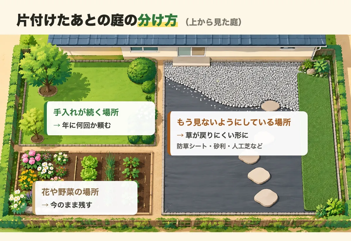 上から見た庭を3つに分け、手入れを頼む場所、草が戻りにくい形にする場所、今のまま残す花や野菜の場所を示した図