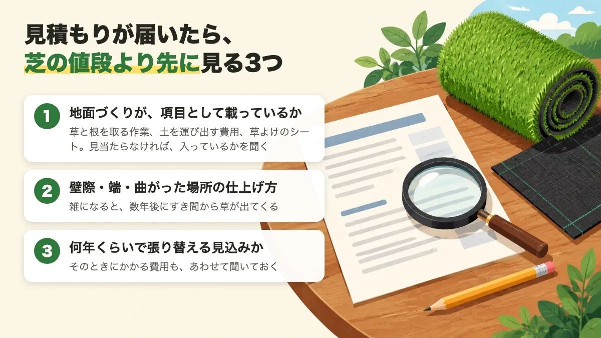 見積もりで先に見る3つ。地面づくりの項目、壁際や端の仕上げ、張り替えの見込み