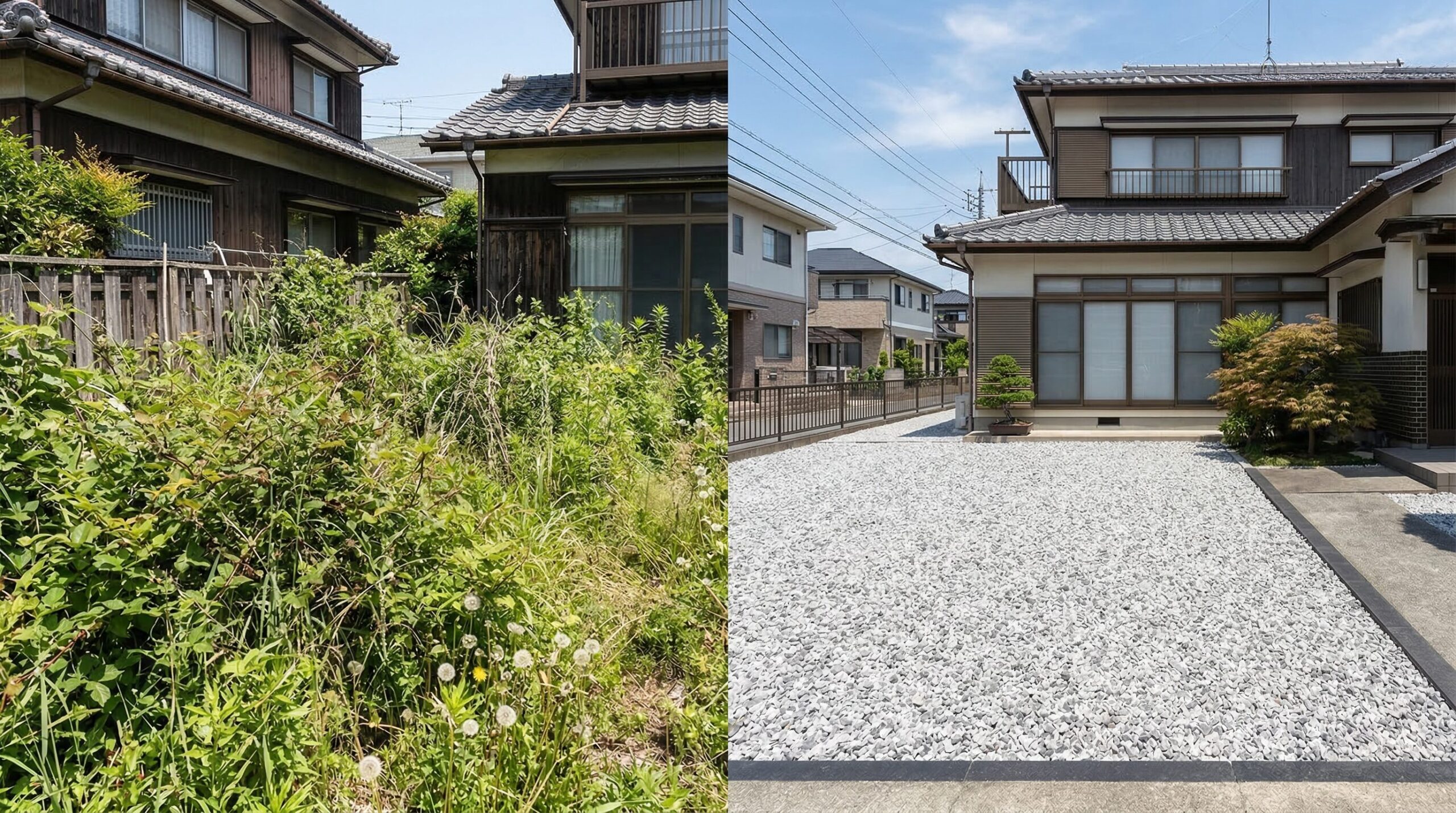 雑草だらけの庭を砂利敷きで整えた例