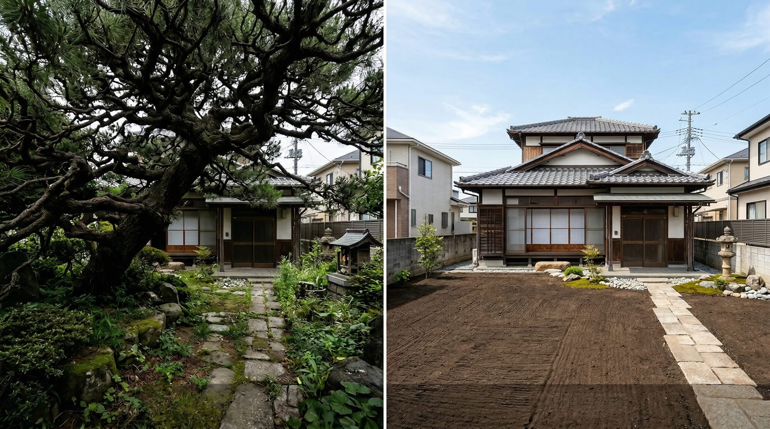 育ちすぎた庭木を伐採・抜根したビフォーアフター