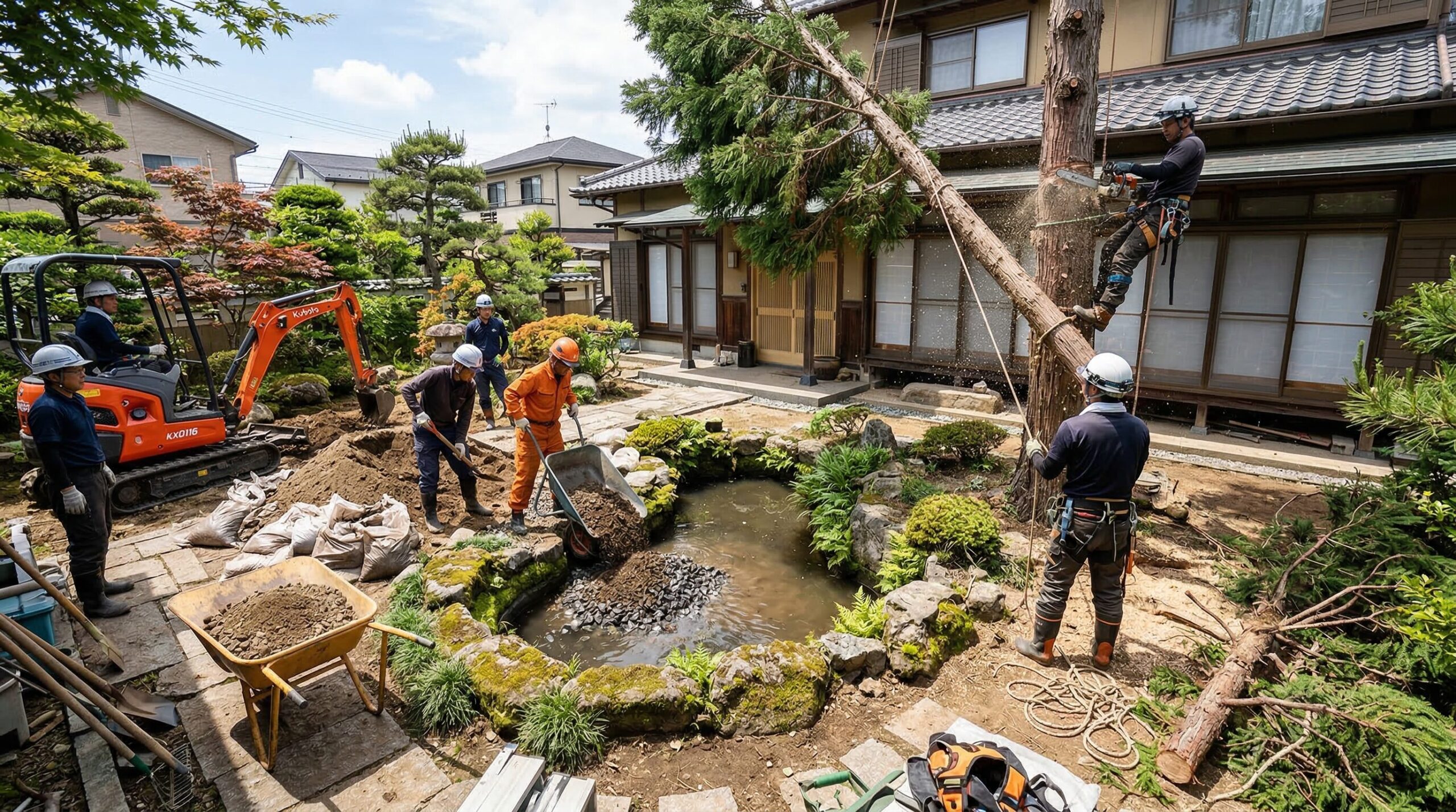 庭木伐採から池の埋め戻しまで作業内容を解説