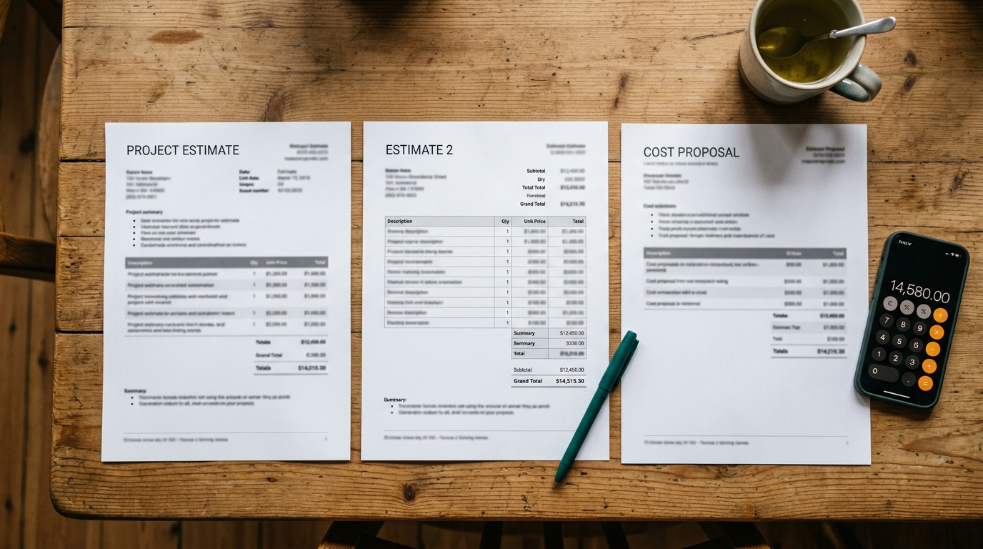 テーブルの上に並んだ複数の見積書を比較する様子